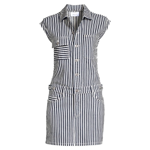 Current Elliot The Sleeveless Jumpsuit Dress White Navy Stripes Stretch Denim - Picture 7 of 16